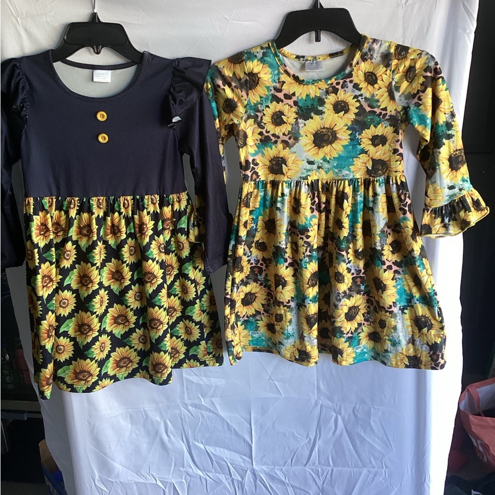 Girls' Sunflower Print Long Sleeve Casual Dress - Yellow